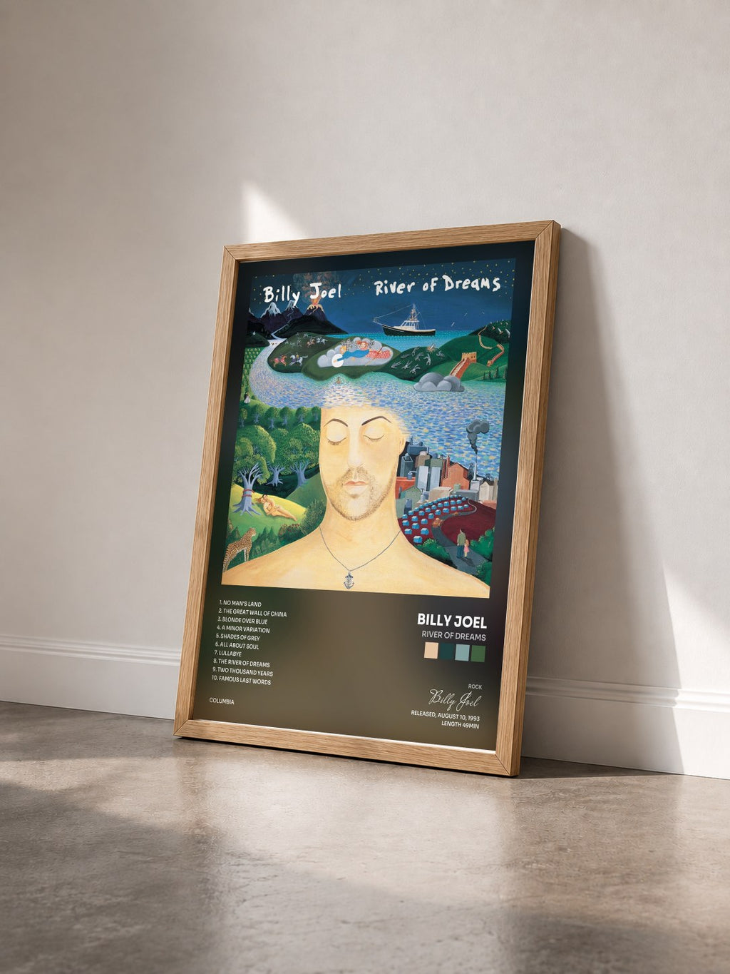 #bois Tableau de l'album River Of Dreams de Billy Joel vu de trois quarts, cadre en bois brut
