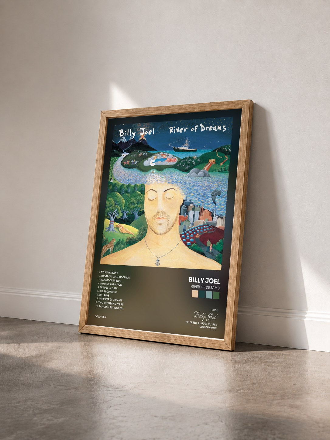 #bois Tableau de l'album River Of Dreams de Billy Joel vu de trois quarts, cadre en bois brut