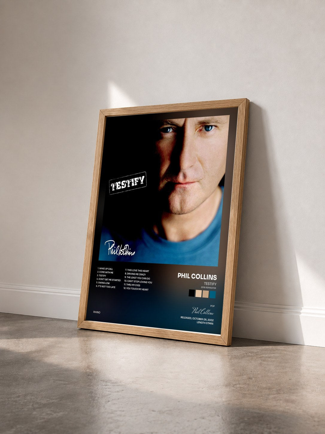 #bois Tableau de l'album Testify (2016 Remaster) de Phil Collins vu de trois quarts, cadre en bois brut