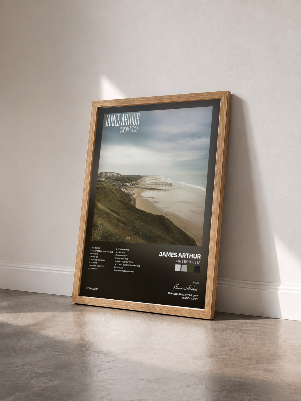 #bois Tableau de l'album Sins by the Sea de James Arthur vu de trois quarts, cadre en bois brut