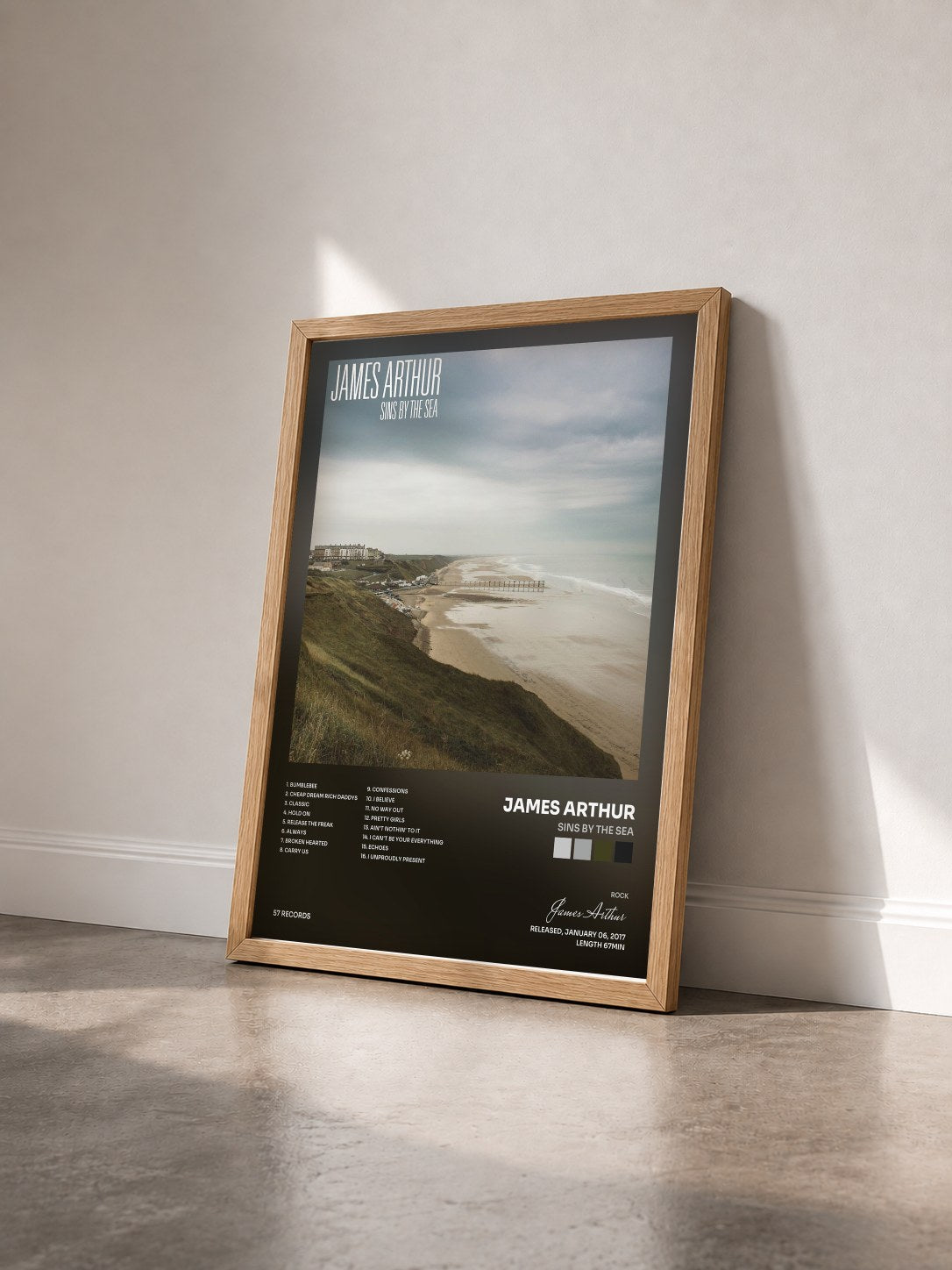 #bois Tableau de l'album Sins by the Sea de James Arthur vu de trois quarts, cadre en bois brut