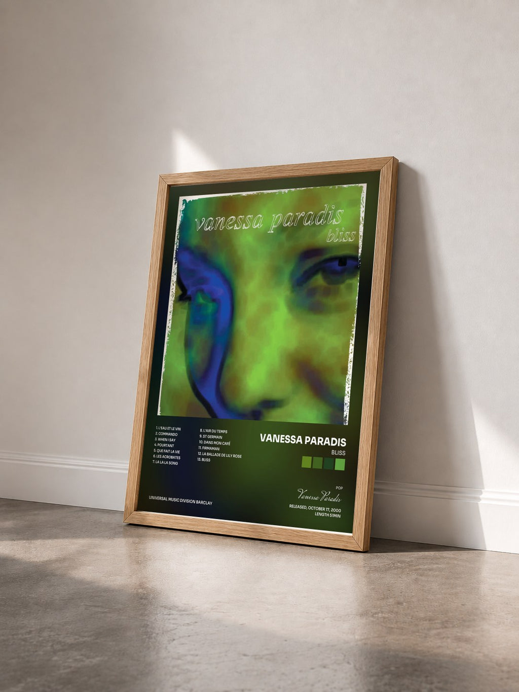 #bois Tableau de l'album Bliss de Vanessa Paradis vu de trois quarts, cadre en bois brut