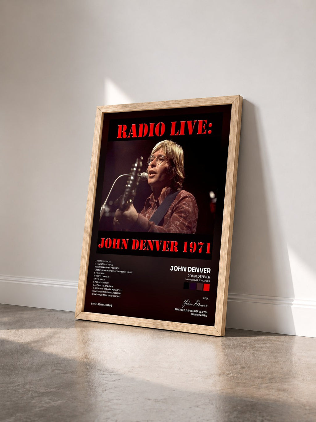 #bois Tableau de l'album John Denver (John Denver Songbook) de John Denver vu de trois quarts, cadre en bois brut