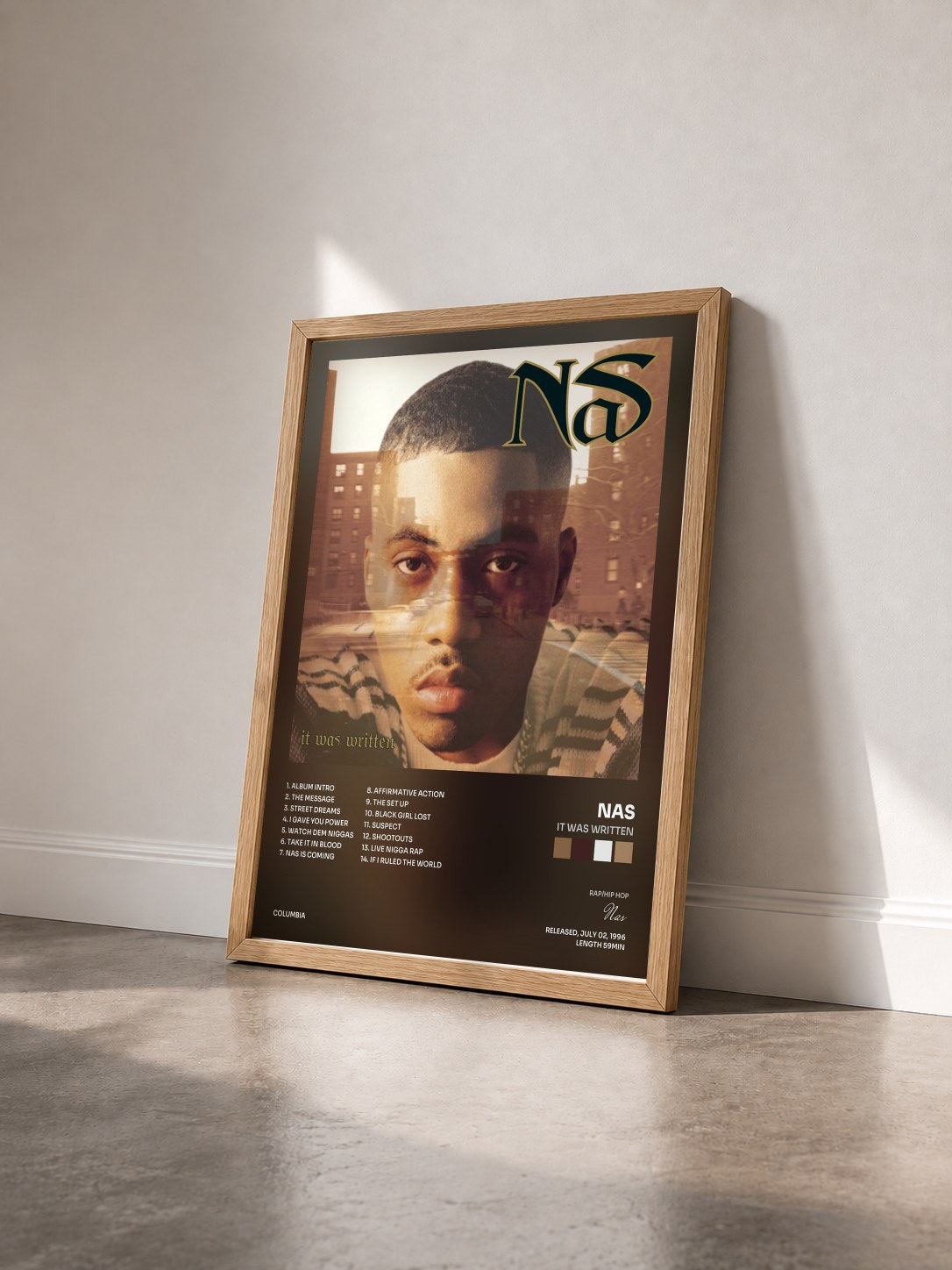 #bois Tableau de l'album It Was Written de Nas vu de trois quarts, cadre en bois brut