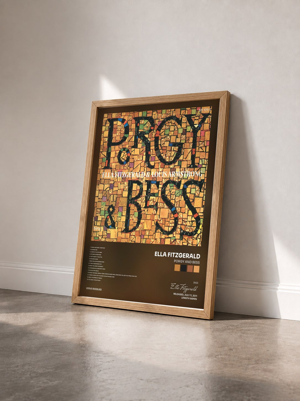 #bois Tableau de l'album Porgy And Bess de Ella Fitzgerald vu de trois quarts, cadre en bois brut