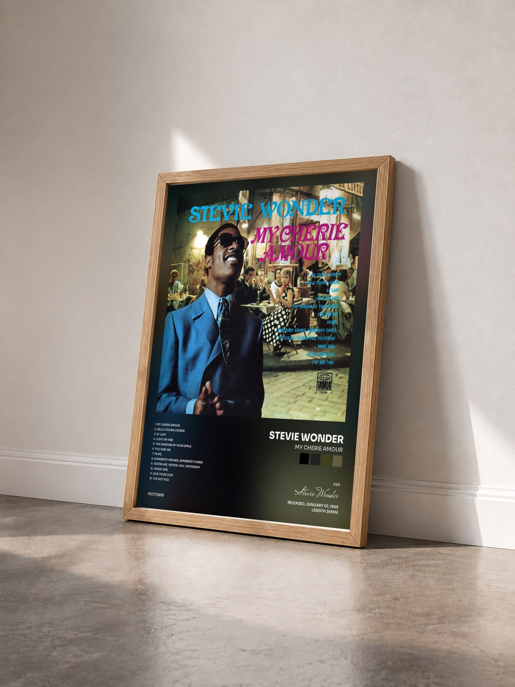 #bois Tableau de l'album My Cherie Amour de Stevie Wonder vu de trois quarts, cadre en bois brut