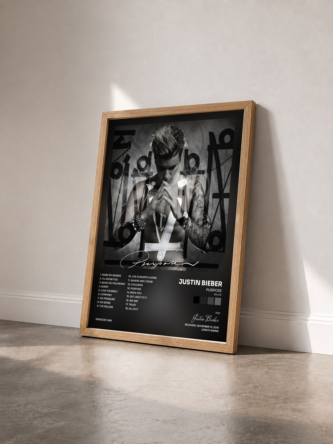 #bois Tableau de l'album Purpose (Deluxe) de Justin Bieber vu de trois quarts, cadre en bois brut