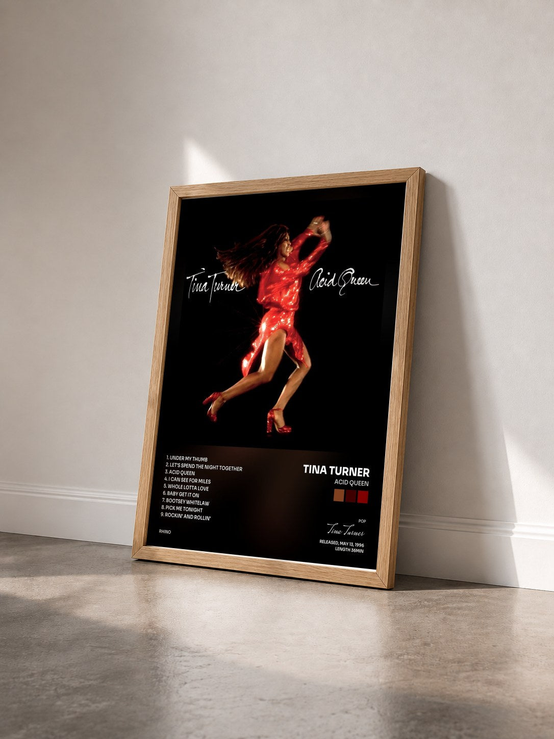#bois Tableau de l'album Acid Queen de Tina Turner vu de trois quarts, cadre en bois brut