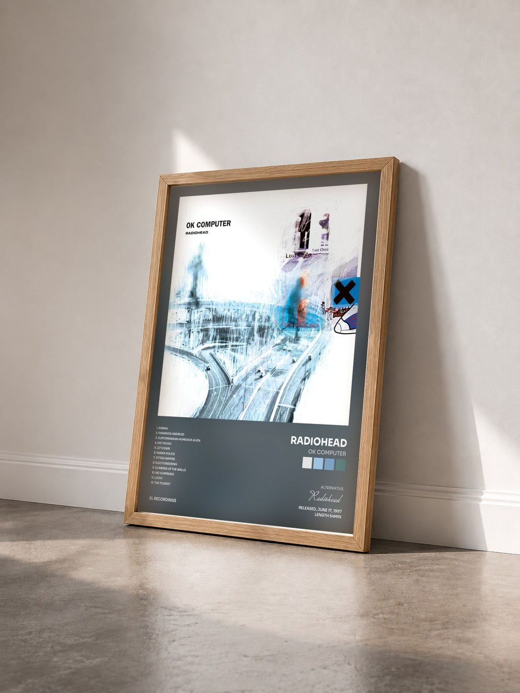 #bois Tableau de l'album OK Computer de Radiohead vu de trois quarts, cadre en bois brut