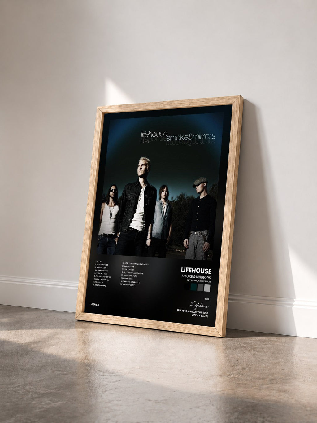 #bois Tableau de l'album Smoke & Mirrors (International Version) de Lifehouse vu de trois quarts, cadre en bois brut