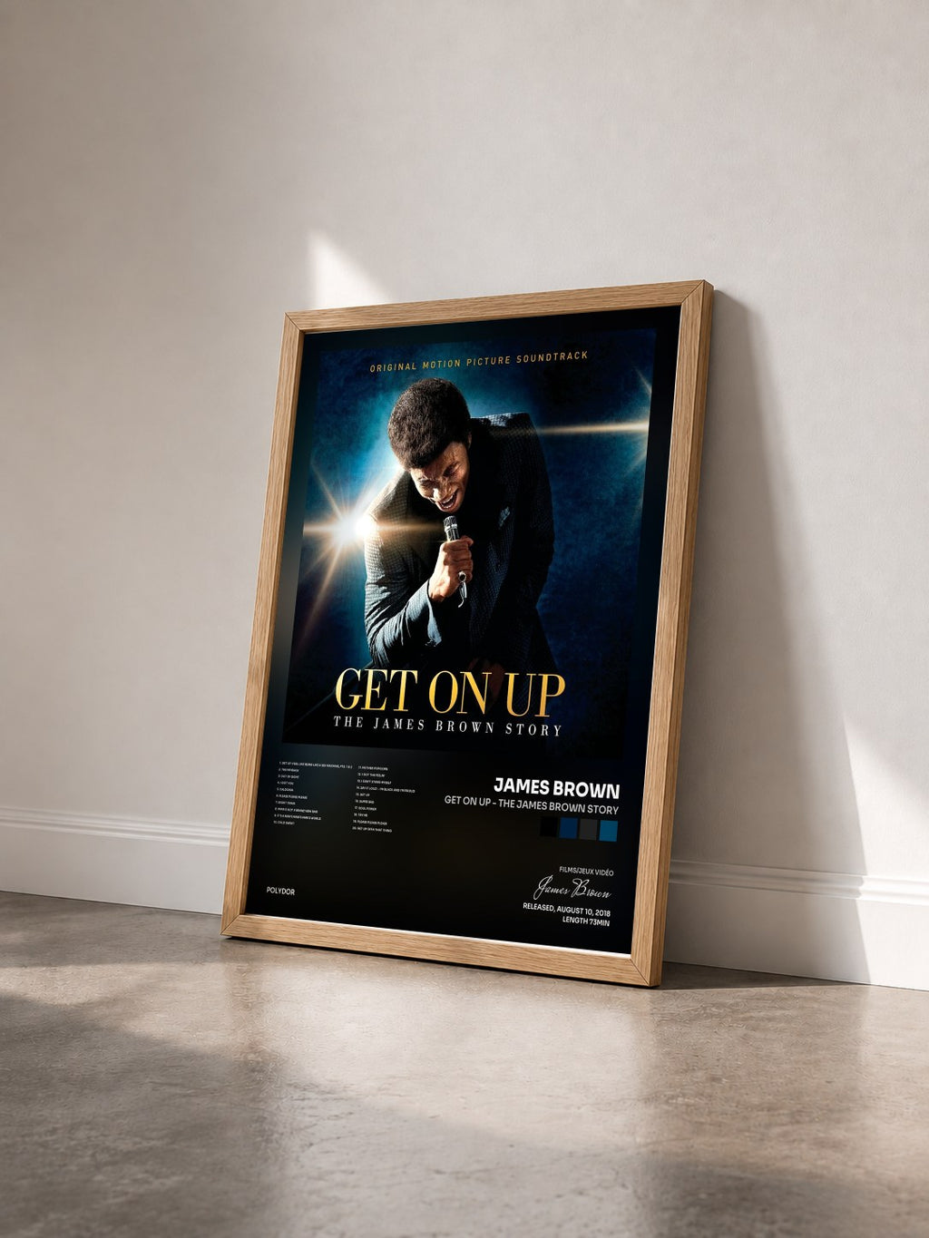 #bois Tableau de l'album Get On Up - The James Brown Story de James Brown vu de trois quarts, cadre en bois brut