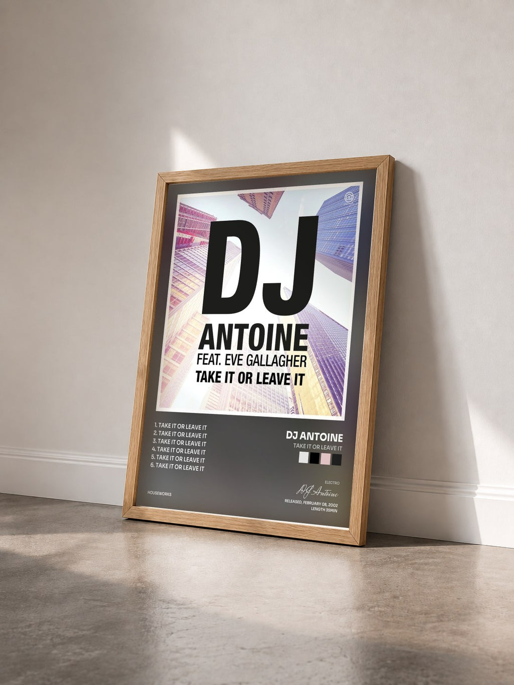 #bois Tableau de l'album Take It or Leave It de DJ Antoine vu de trois quarts, cadre en bois brut