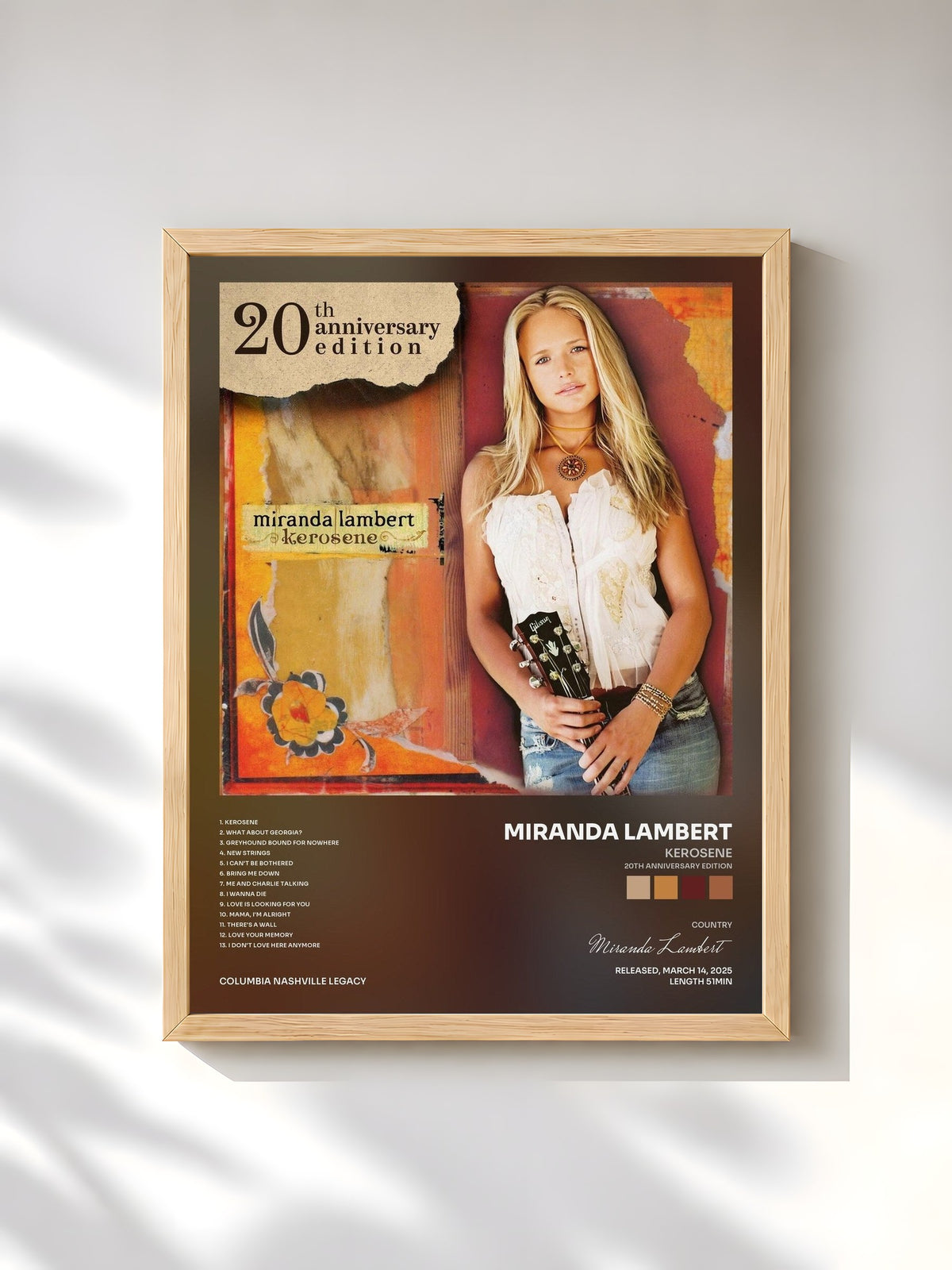#bois Tableau de l'album Kerosene (20th Anniversary Edition) de Miranda Lambert, cadre en bois brut, imprimé et encadré en France