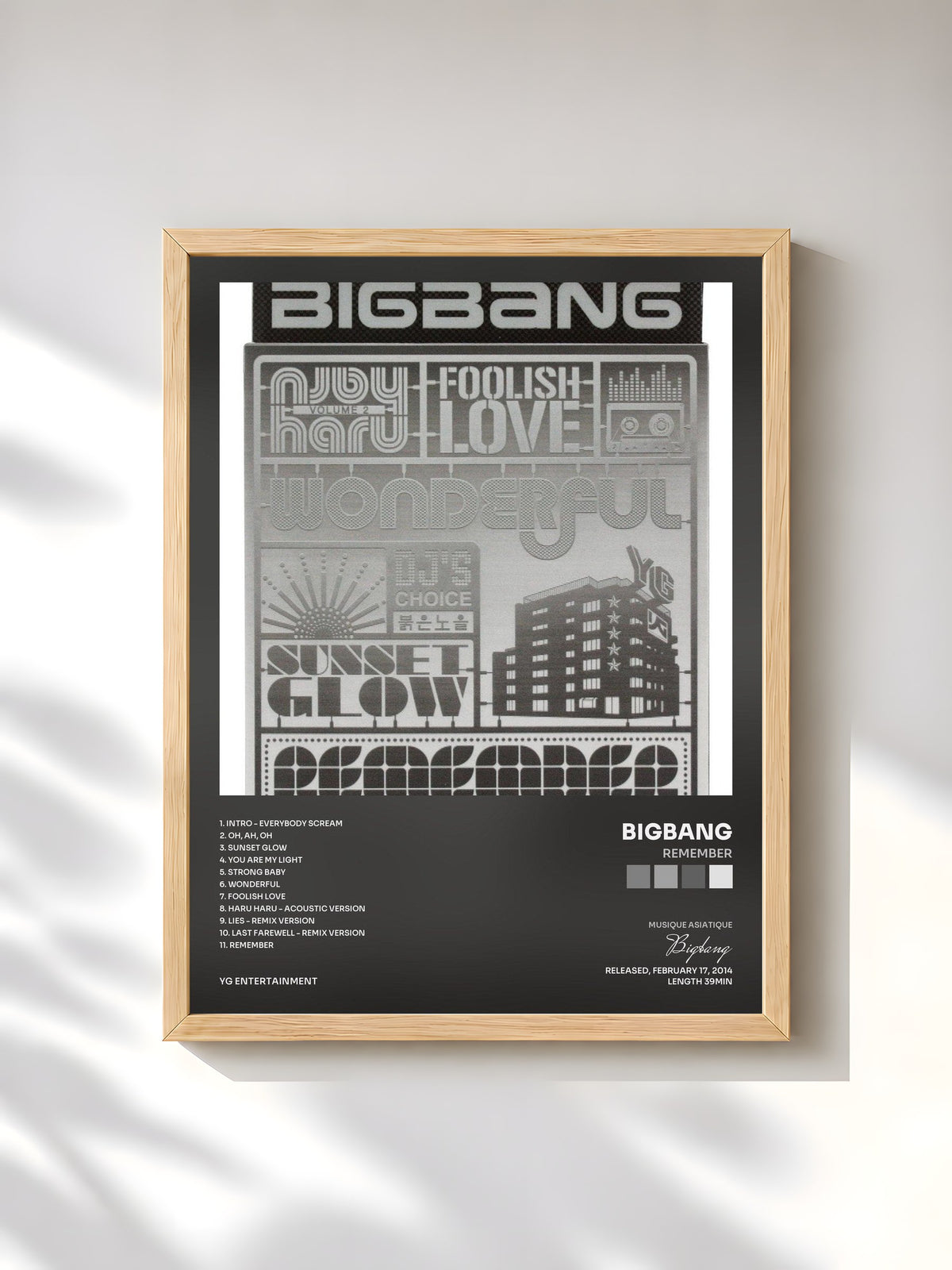 #bois Tableau de l'album Remember de Bigbang, cadre en bois brut, imprimé et encadré en France