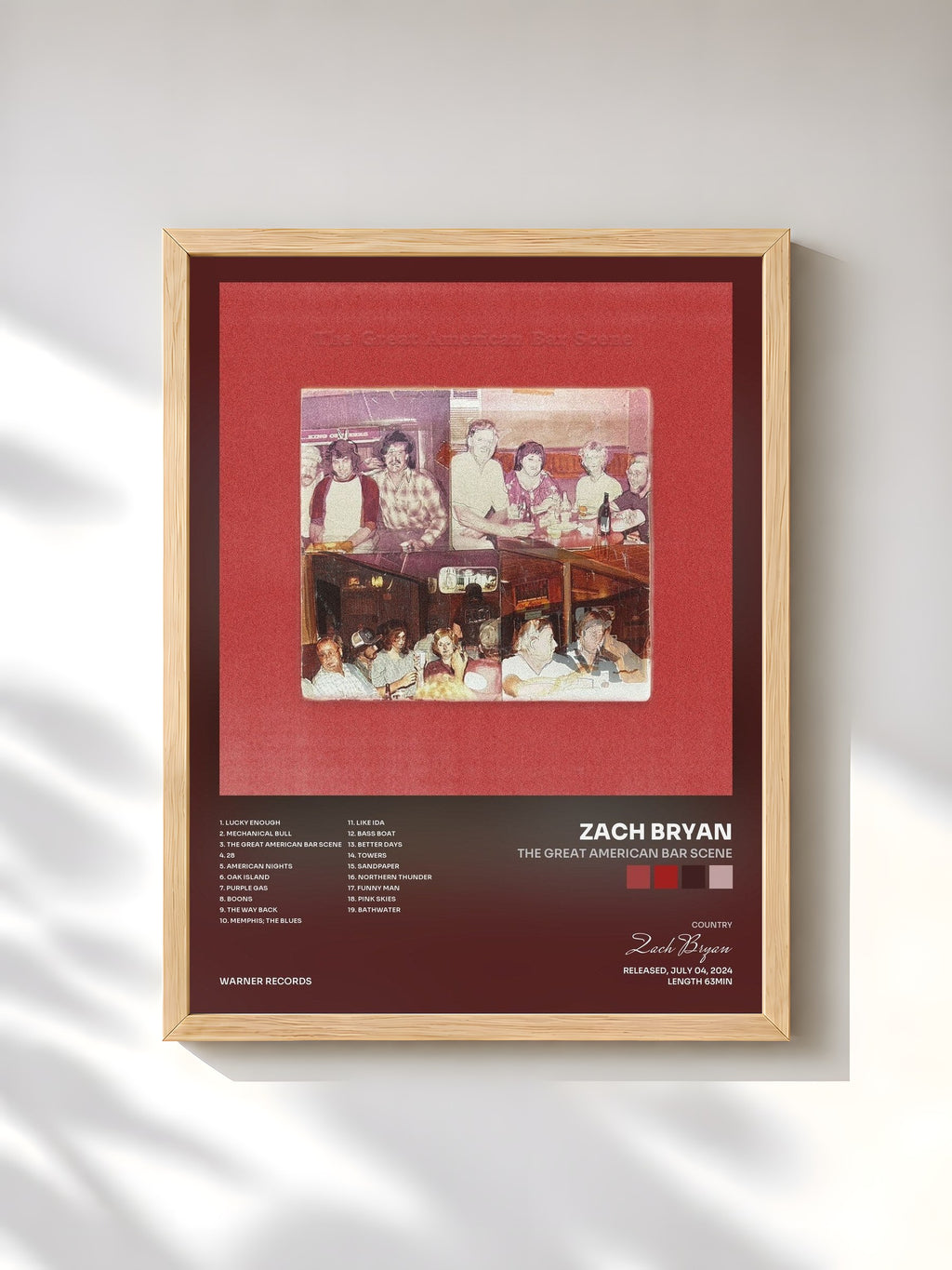 #bois Tableau de l'album The Great American Bar Scene de Zach Bryan, cadre en bois brut, imprimé et encadré en France