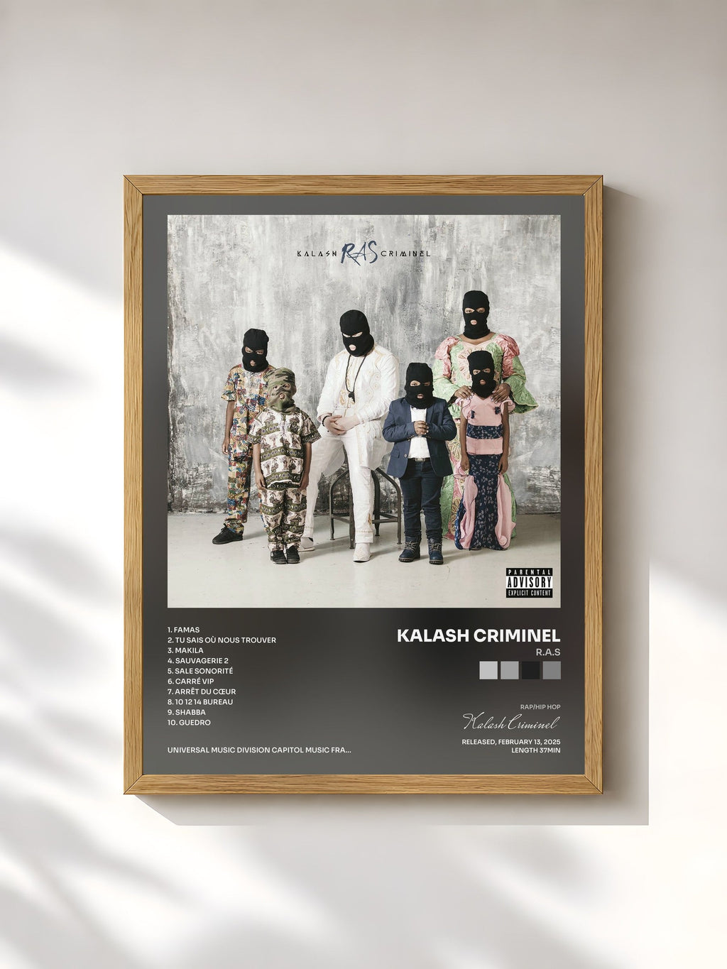 #bois Tableau de l'album R.A.S de Kalash Criminel, cadre en bois brut, imprimé et encadré en France