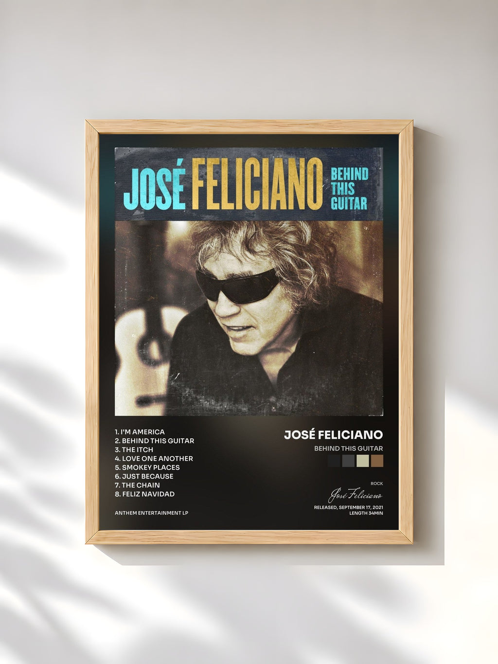 #bois Tableau de l'album Behind This Guitar de José Feliciano, cadre en bois brut, imprimé et encadré en France