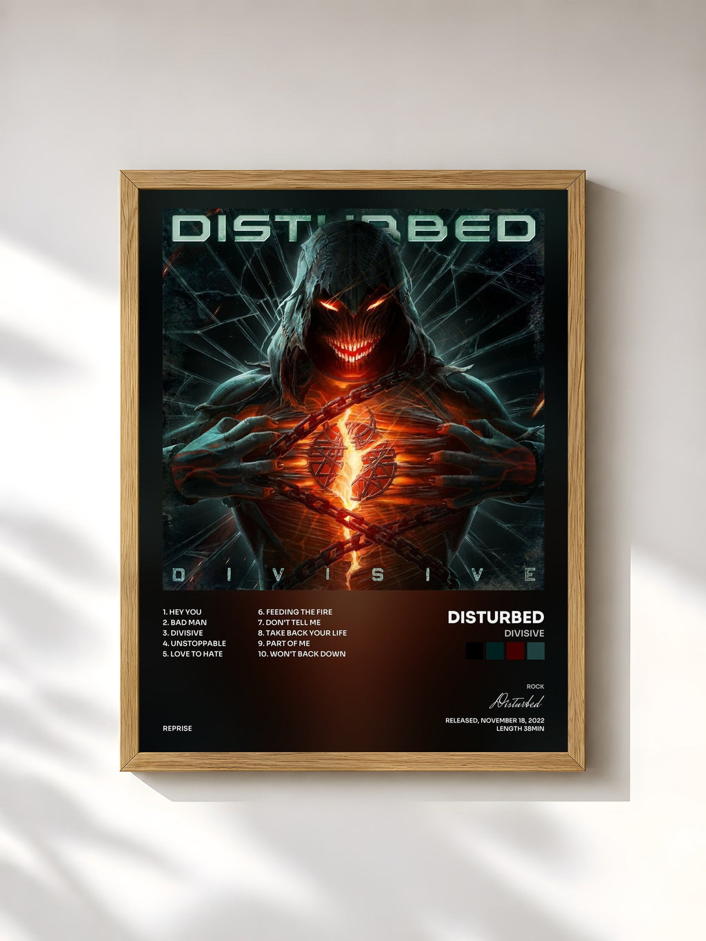 #bois Tableau de l'album Divisive de Disturbed, cadre en bois brut, imprimé et encadré en France