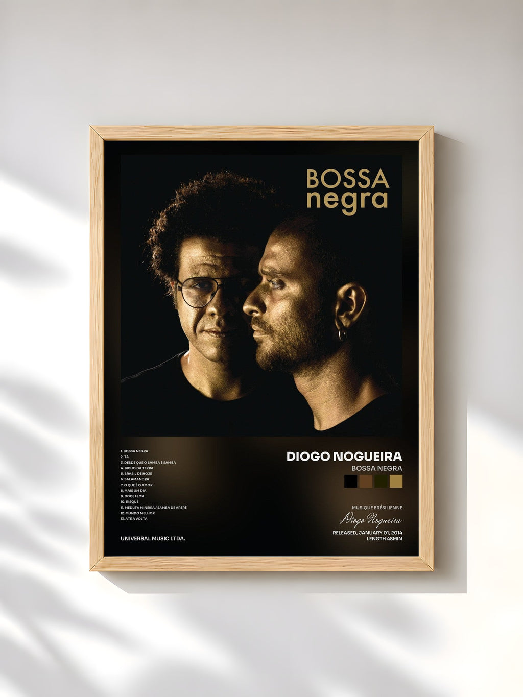 #bois Tableau de l'album Bossa Negra de Diogo Nogueira, cadre en bois brut, imprimé et encadré en France