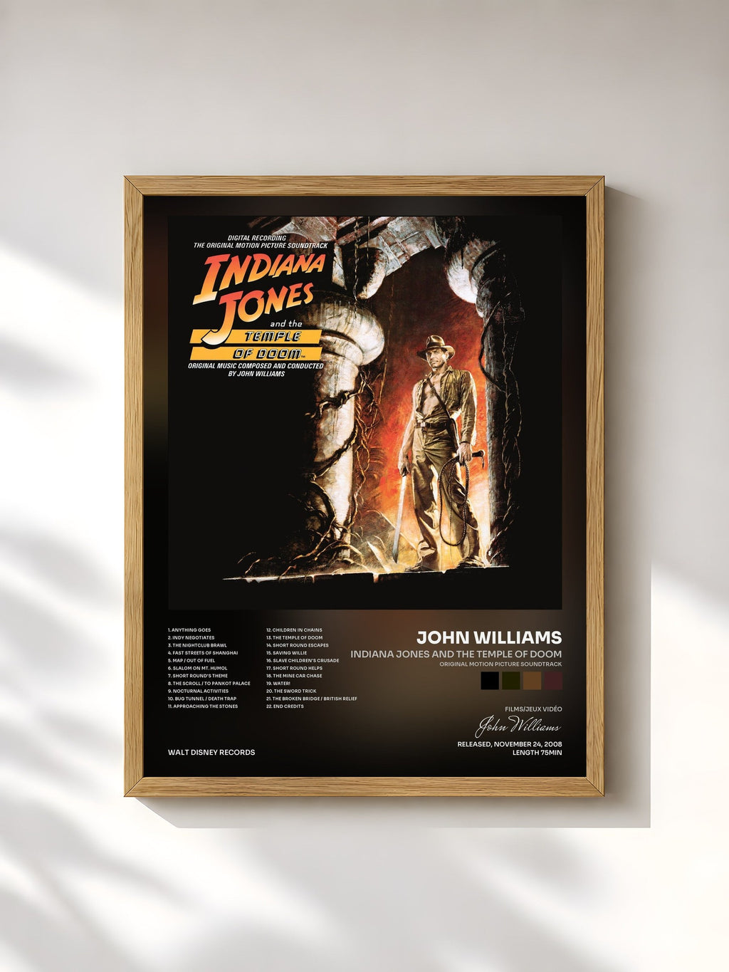 #bois Tableau de l'album Indiana Jones and the Temple of Doom (Original Motion Picture Soundtrack) de John Williams, cadre en bois brut, imprimé et encadré en France
