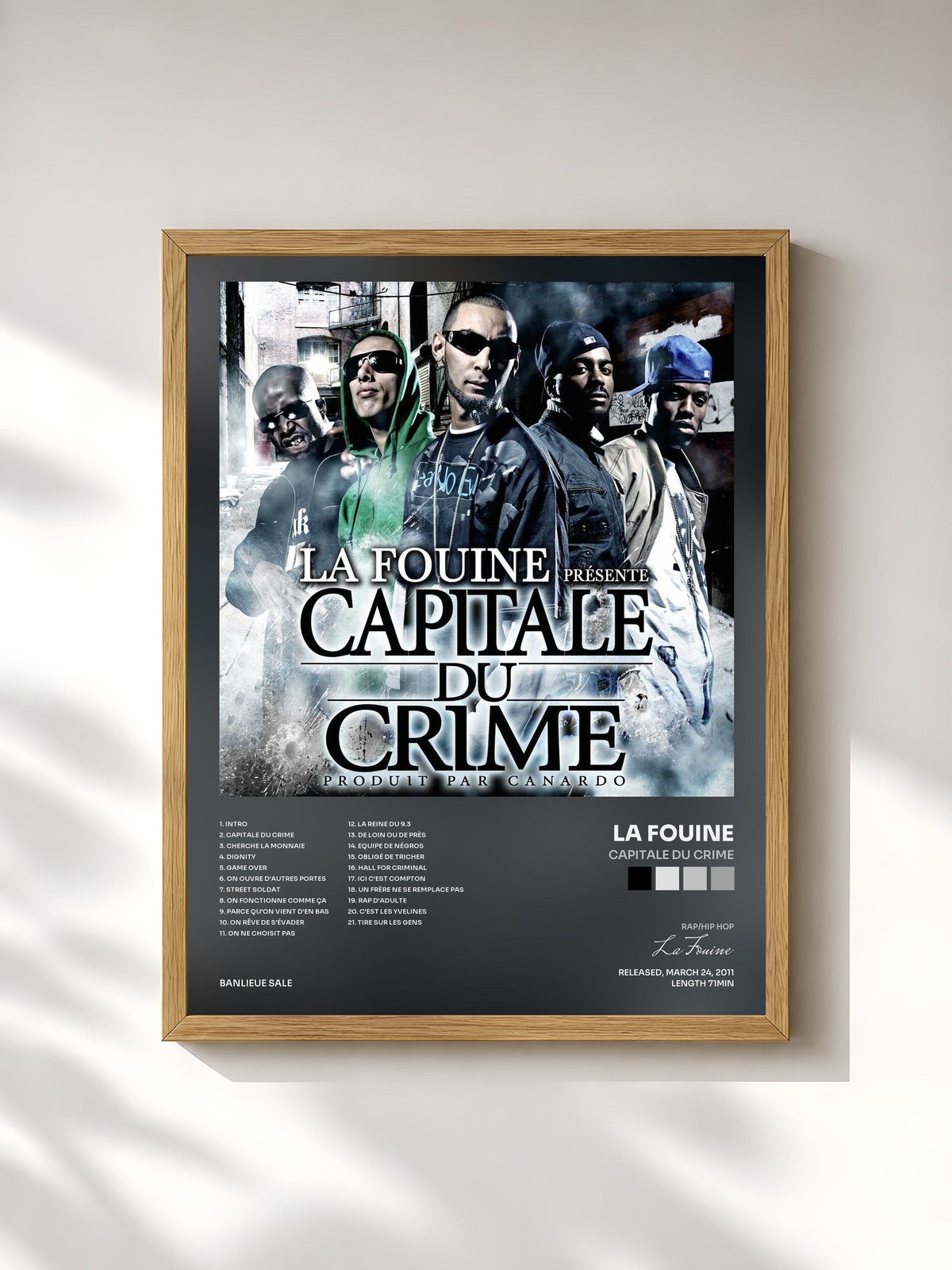 #bois Tableau de l'album Capitale Du Crime de La Fouine, cadre en bois brut, imprimé et encadré en France