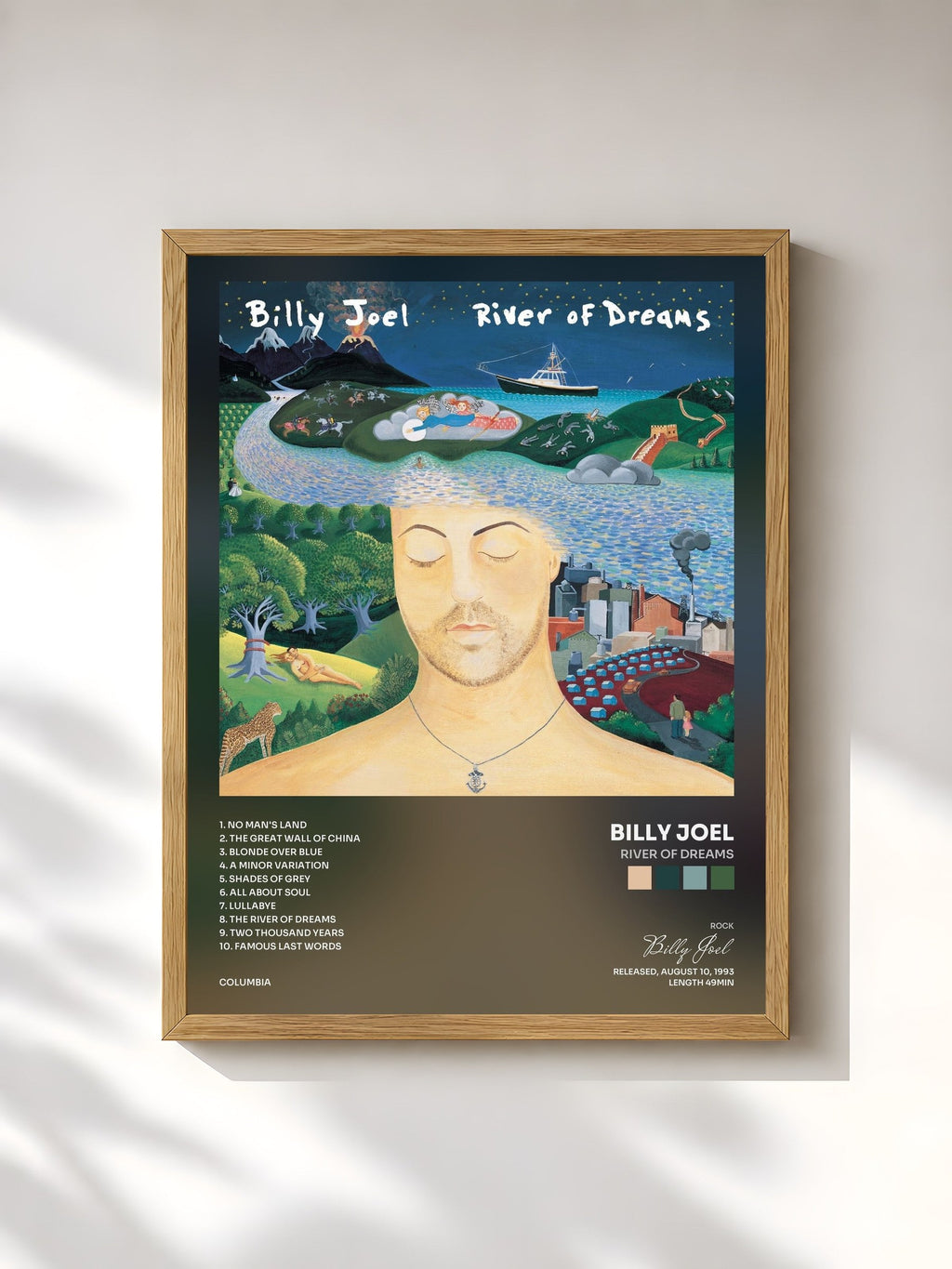 #bois Tableau de l'album River Of Dreams de Billy Joel, cadre en bois brut, imprimé et encadré en France