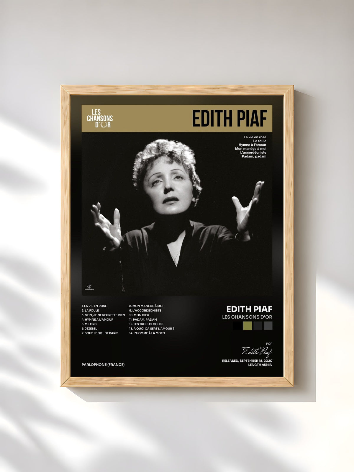 #bois Tableau de l'album Les chansons d'or de Edith Piaf, cadre en bois brut, imprimé et encadré en France
