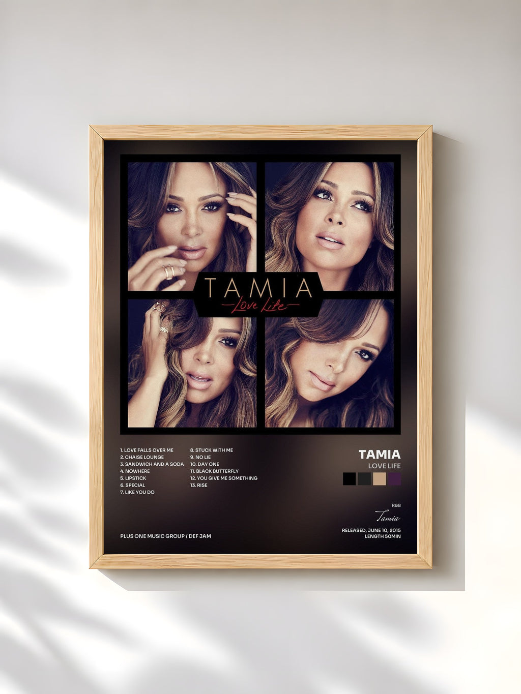 #bois Tableau de l'album Love Life de Tamia, cadre en bois brut, imprimé et encadré en France