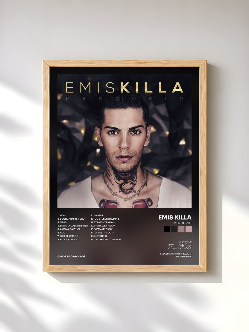 #bois Tableau de l'album Mercurio de Emis Killa, cadre en bois brut, imprimé et encadré en France