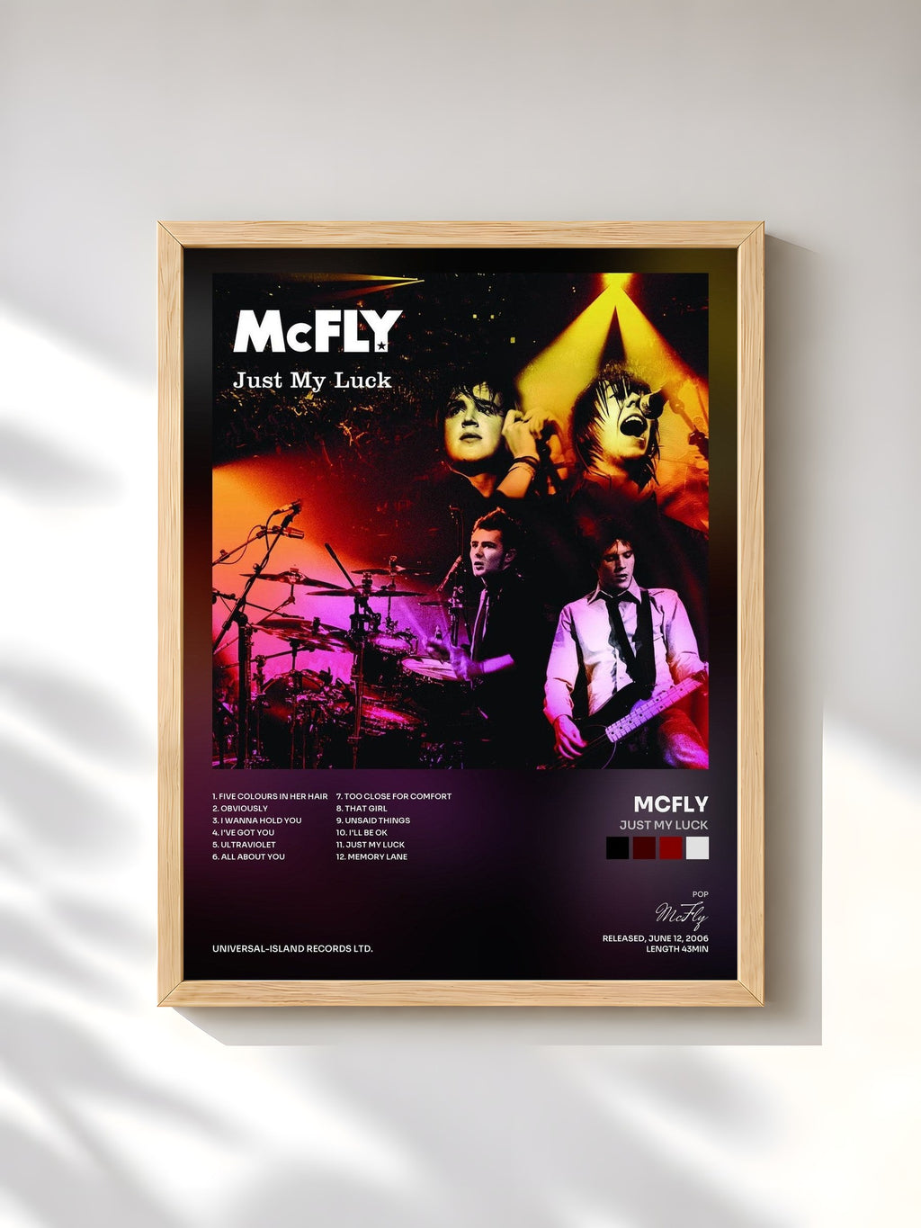 #bois Tableau de l'album Just My Luck de McFly, cadre en bois brut, imprimé et encadré en France