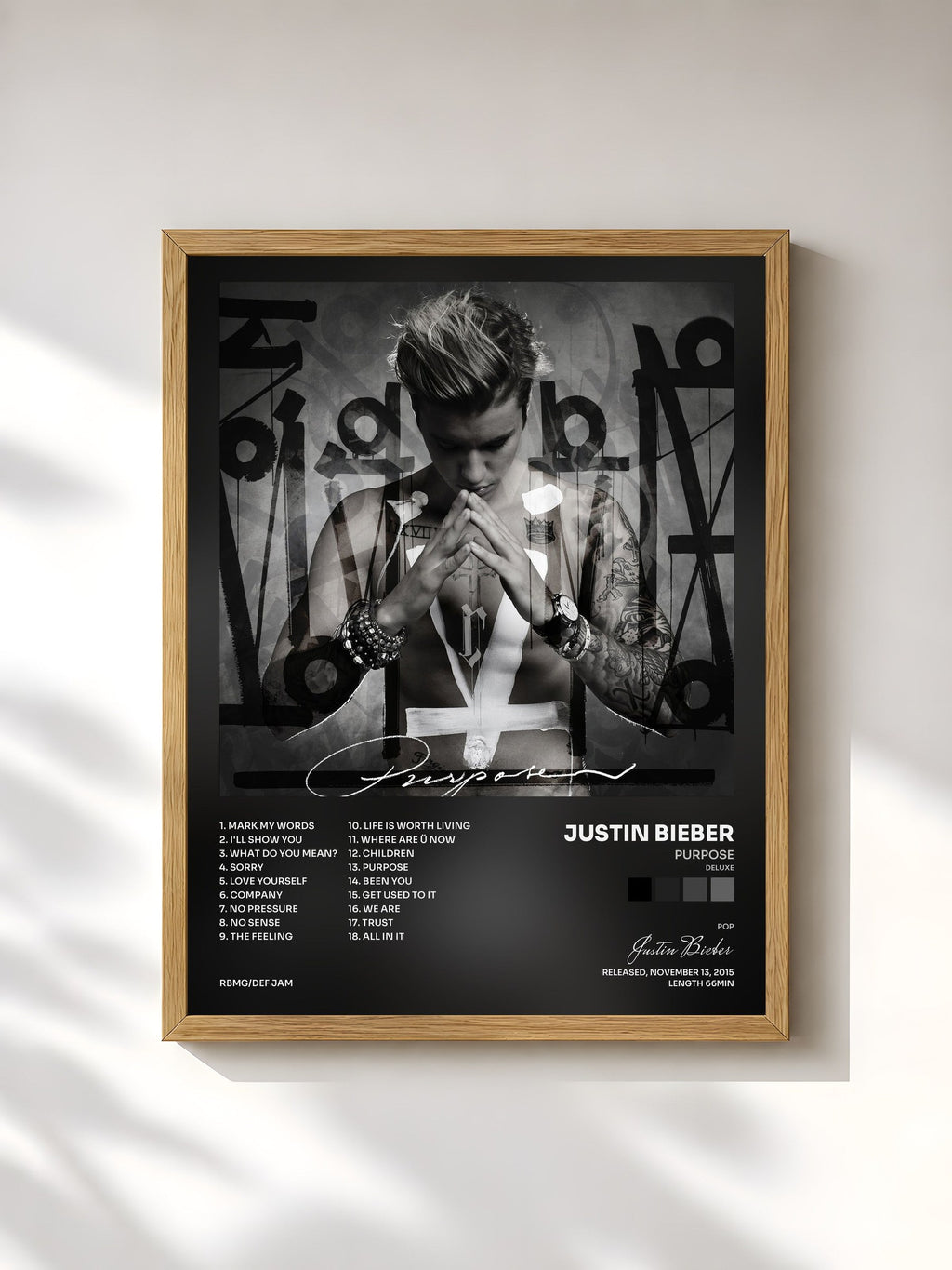 #bois Tableau de l'album Purpose (Deluxe) de Justin Bieber, cadre en bois brut, imprimé et encadré en France