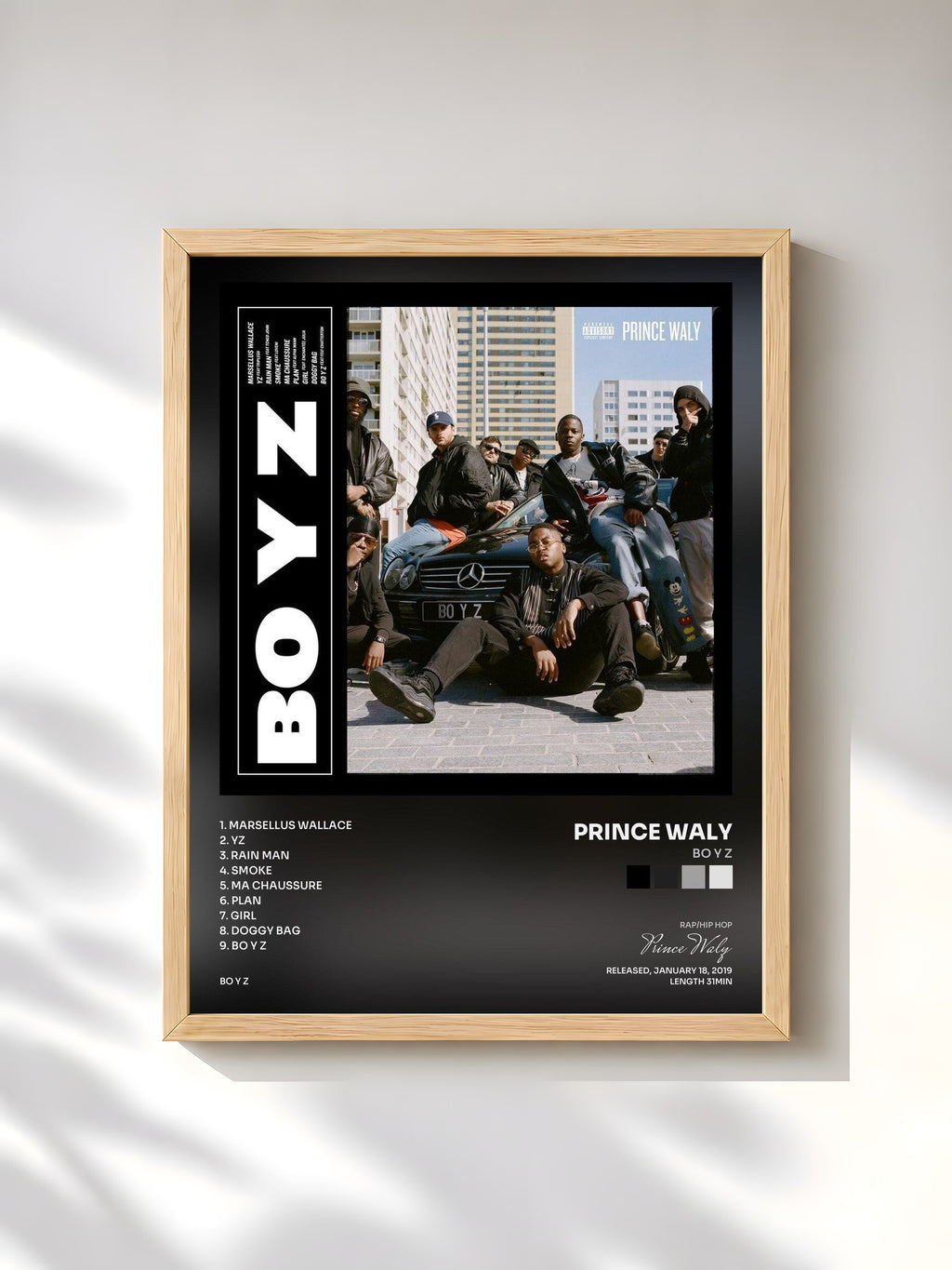 #bois Tableau de l'album BO Y Z de Prince Waly, cadre en bois brut, imprimé et encadré en France
