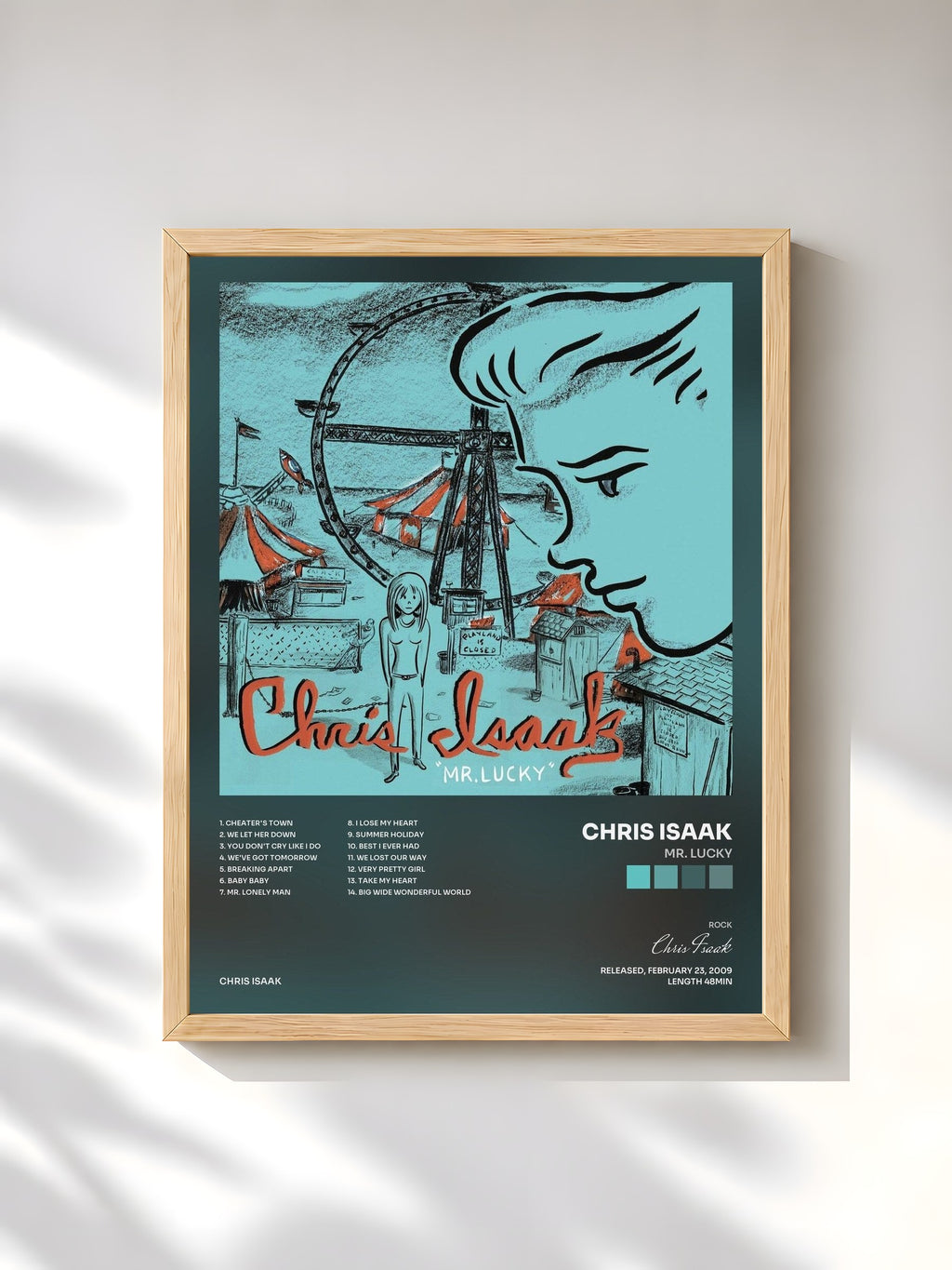 #bois Tableau de l'album Mr. Lucky de Chris Isaak, cadre en bois brut, imprimé et encadré en France