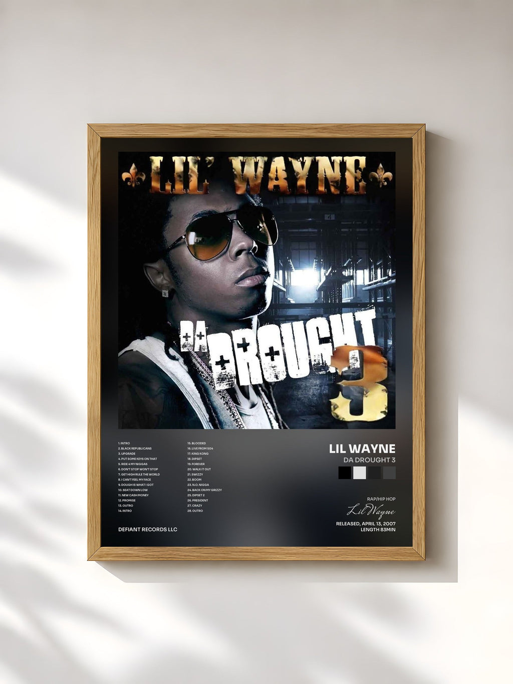 #bois Tableau de l'album Da Drought 3 de Lil Wayne, cadre en bois brut, imprimé et encadré en France