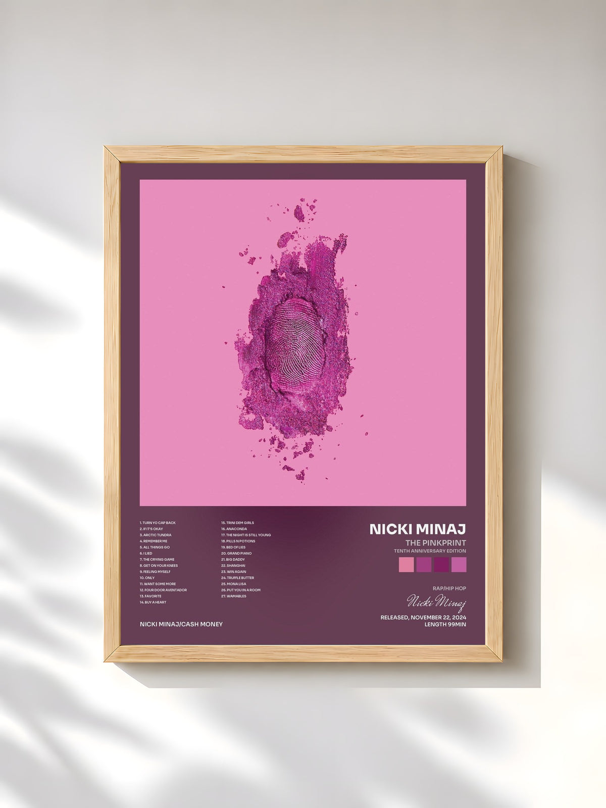 #bois Tableau de l'album The Pinkprint (Tenth Anniversary Edition) de Nicki Minaj, cadre en bois brut, imprimé et encadré en France
