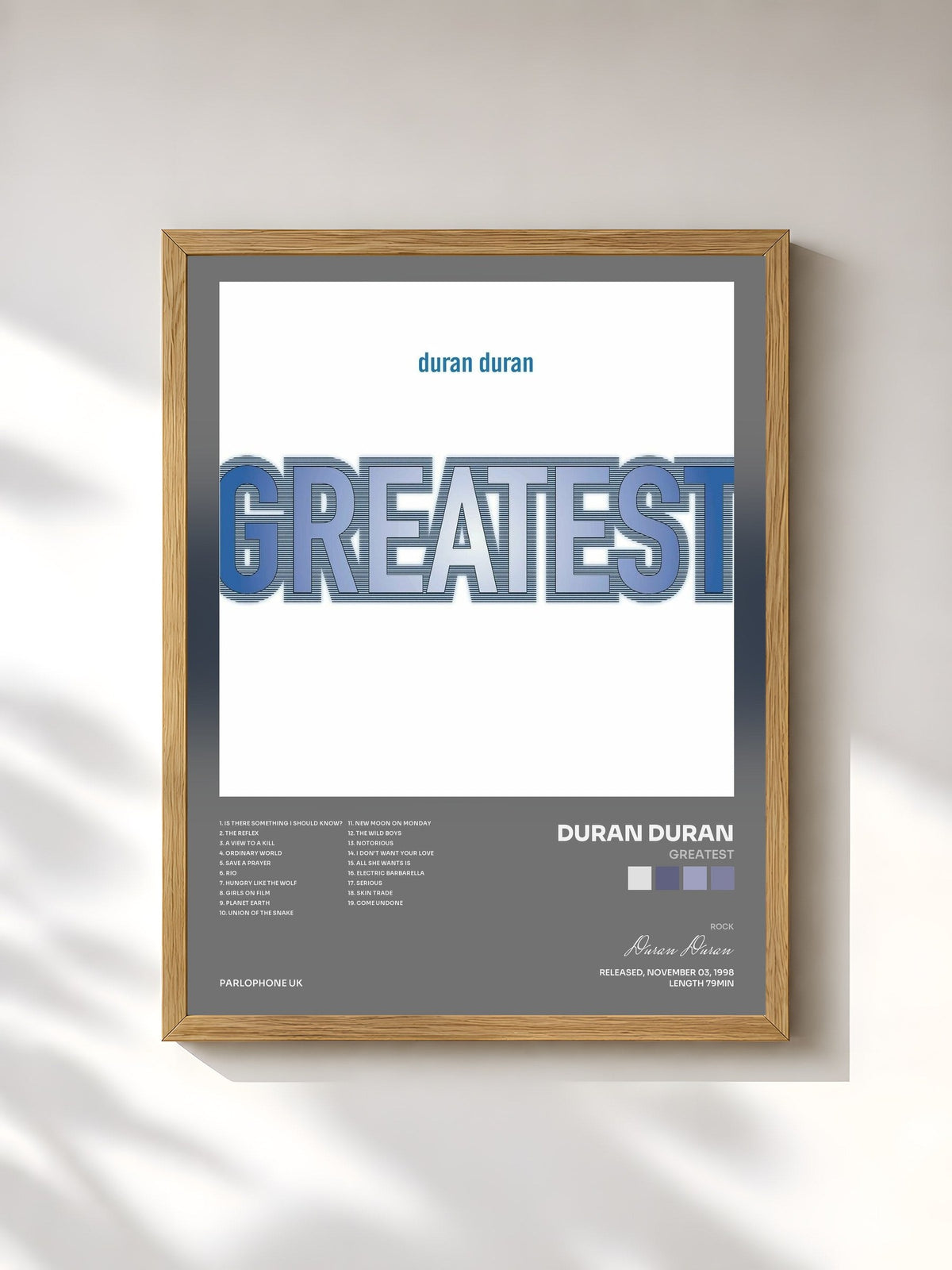 #bois Tableau de l'album Greatest de Duran Duran, cadre en bois brut, imprimé et encadré en France