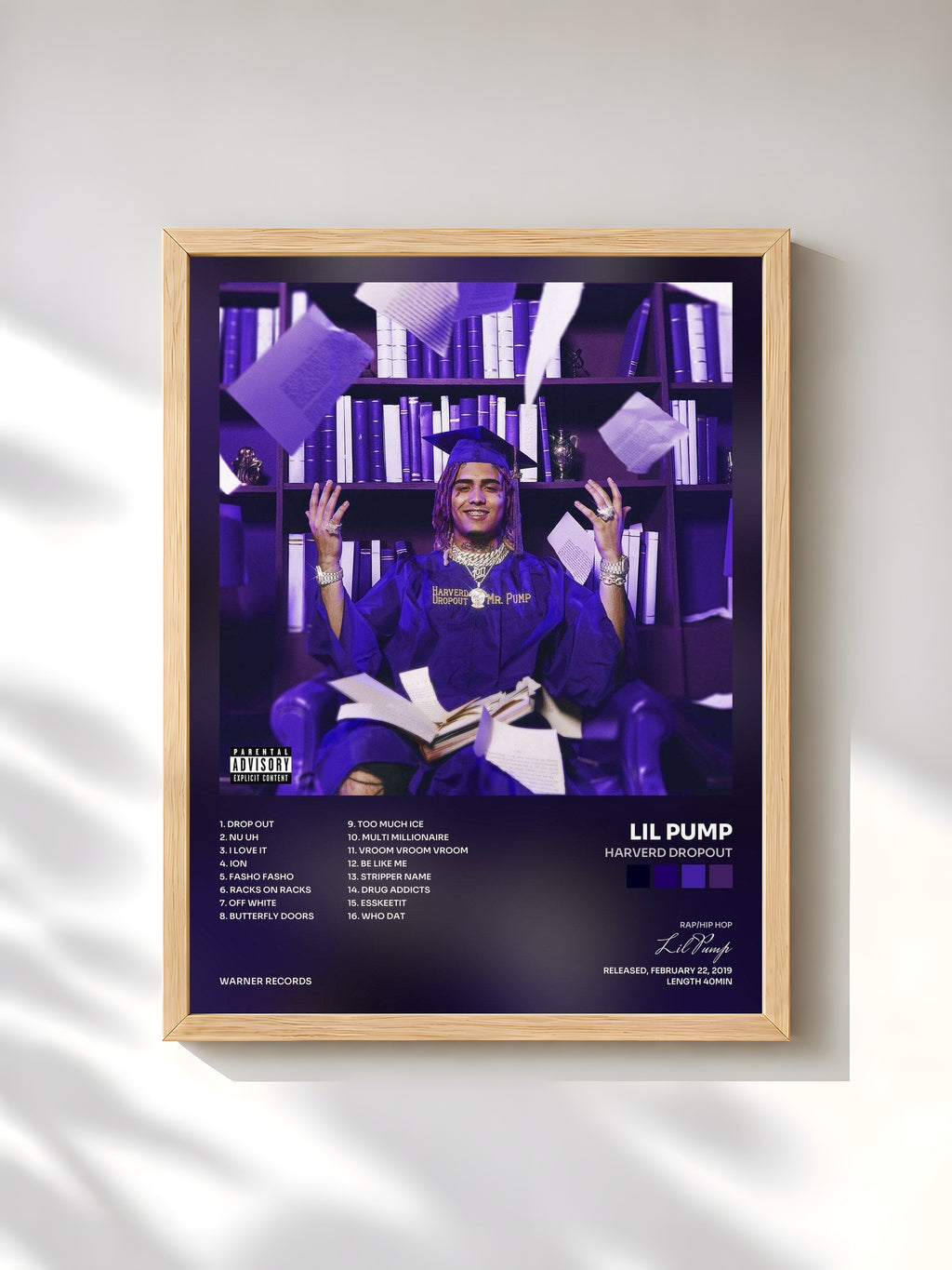 #bois Tableau de l'album Harverd Dropout de Lil Pump, cadre en bois brut, imprimé et encadré en France