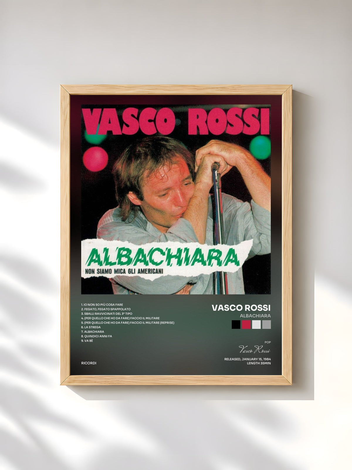 #bois Tableau de l'album Albachiara de Vasco Rossi, cadre en bois brut, imprimé et encadré en France