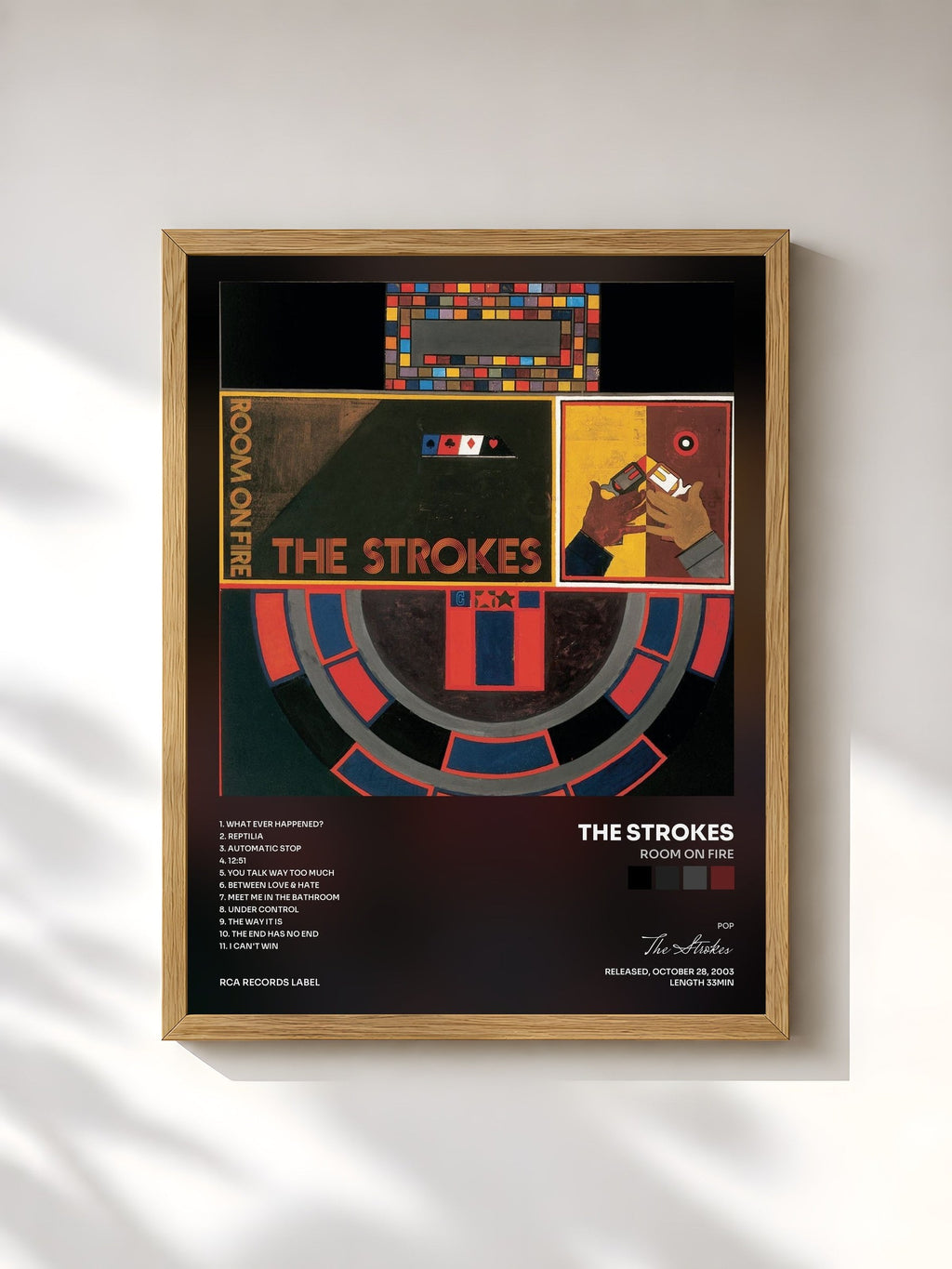 #bois Tableau de l'album Room On Fire de The Strokes, cadre en bois brut, imprimé et encadré en France