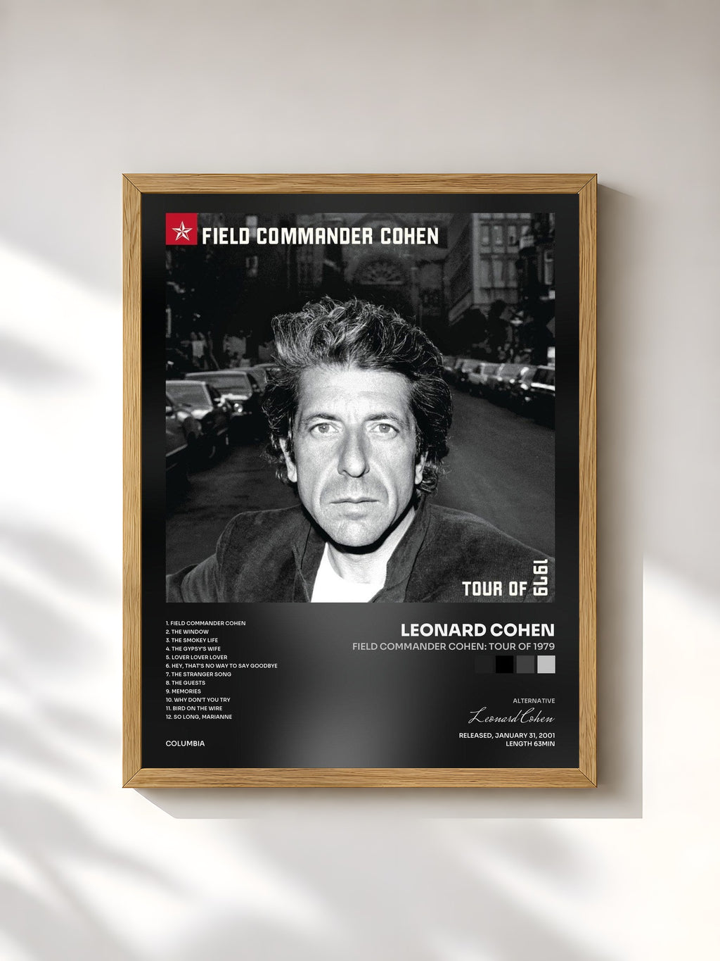 #bois Tableau de l'album Field Commander Cohen: Tour of 1979 de Leonard Cohen, cadre en bois brut, imprimé et encadré en France