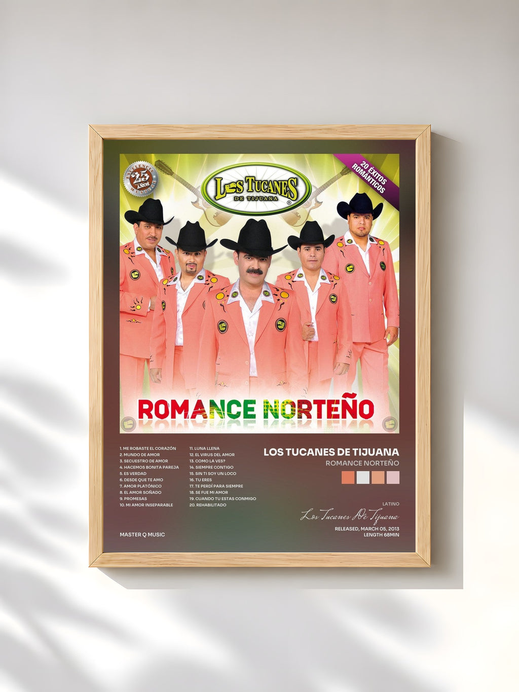 #bois Tableau de l'album Romance Norteño de Los Tucanes De Tijuana, cadre en bois brut, imprimé et encadré en France