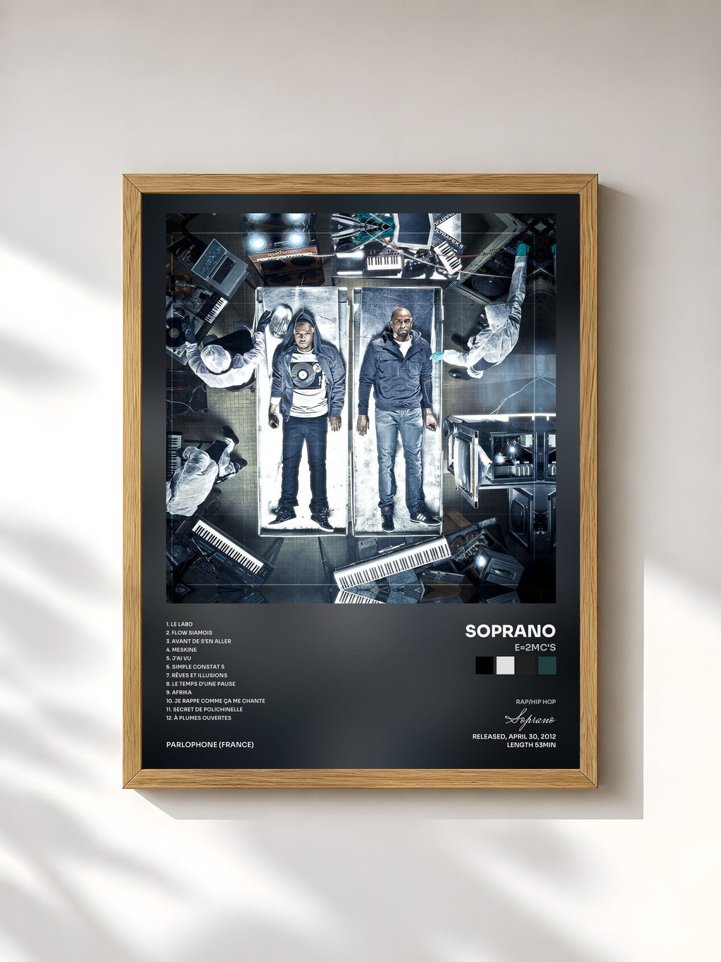 #bois Tableau de l'album E=2MC's de Soprano, cadre en bois brut, imprimé et encadré en France