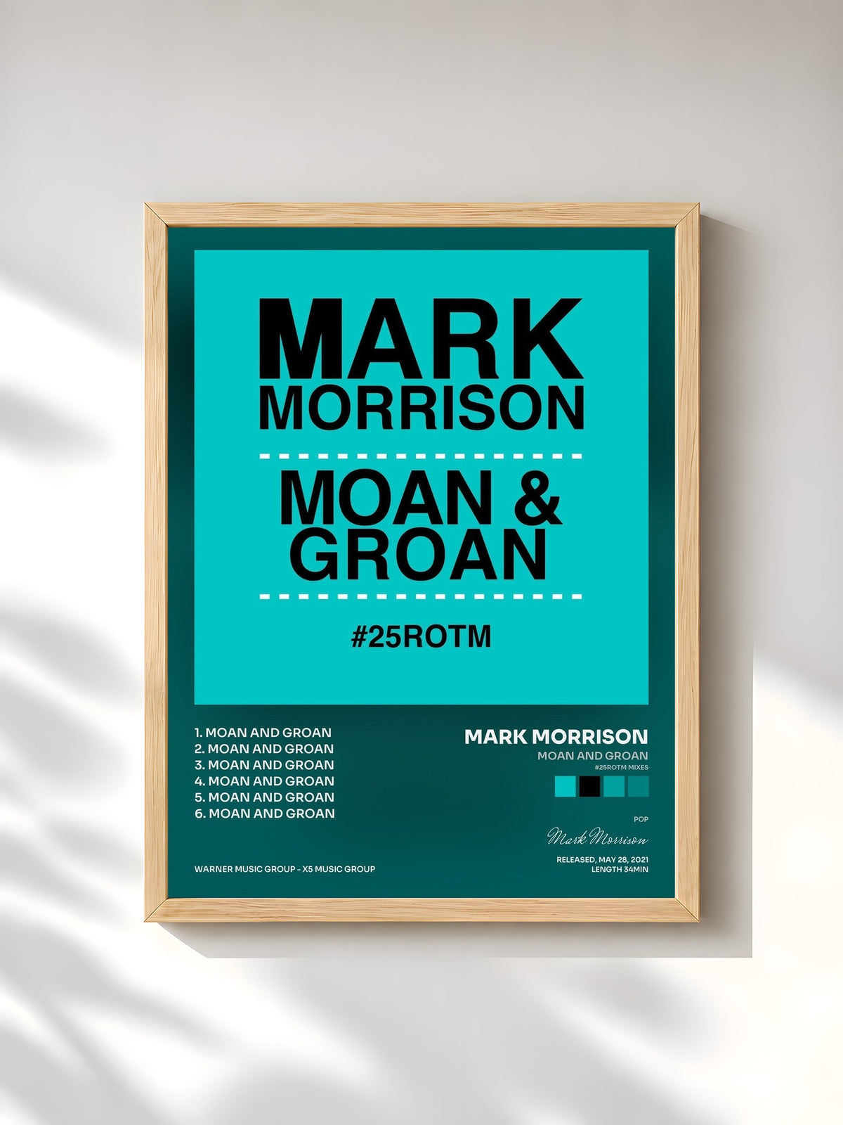 #bois Tableau de l'album Moan and Groan (#25ROTM Mixes) de Mark Morrison, cadre en bois brut, imprimé et encadré en France