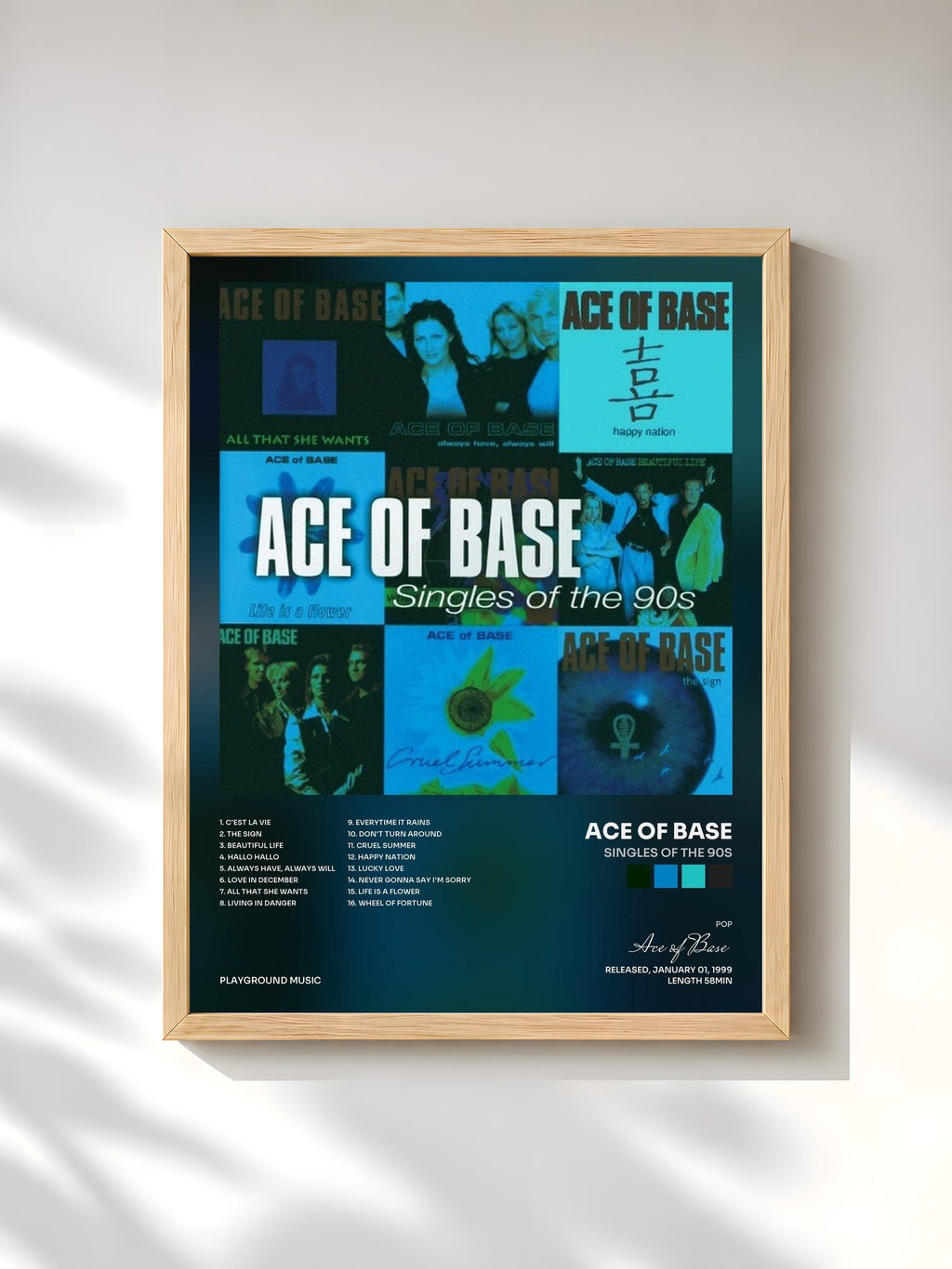 #bois Tableau de l'album Singles of the 90s de Ace of Base, cadre en bois brut, imprimé et encadré en France