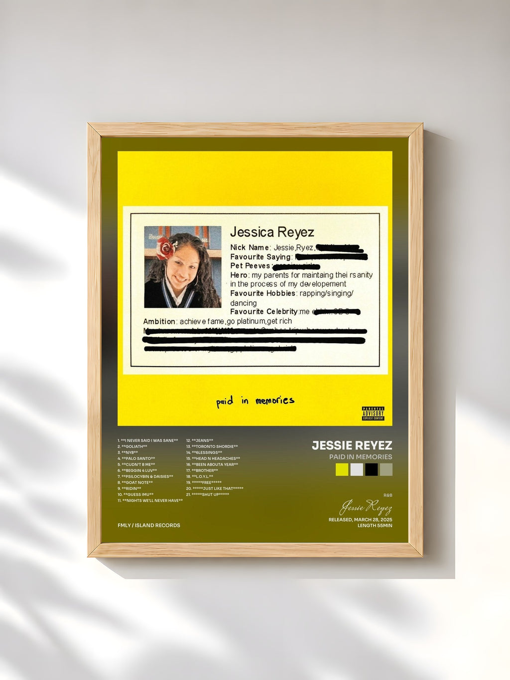 #bois Tableau de l'album PAID IN MEMORIES de Jessie Reyez, cadre en bois brut, imprimé et encadré en France