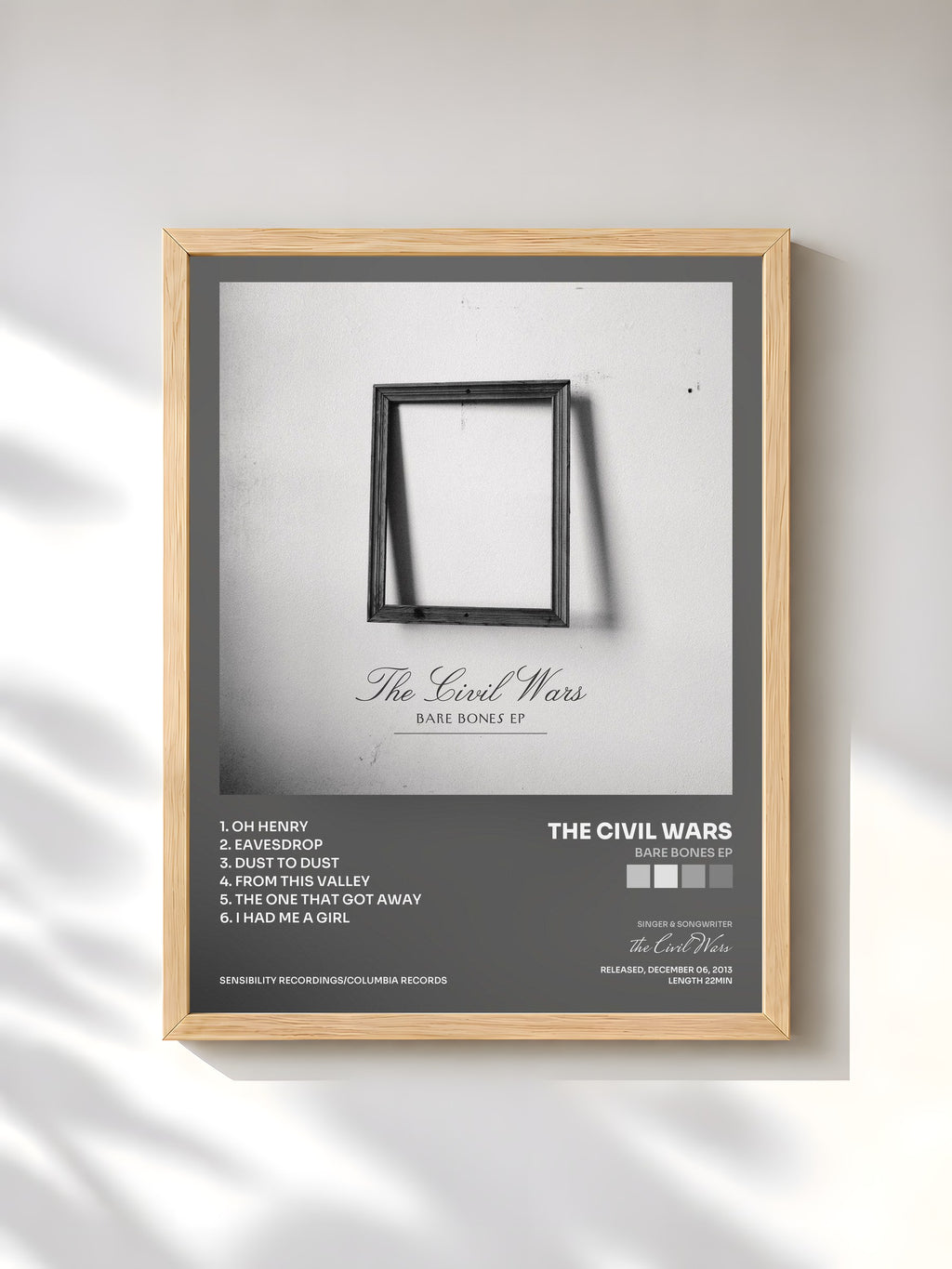 #bois Tableau de l'album Bare Bones EP de the Civil Wars, cadre en bois brut, imprimé et encadré en France