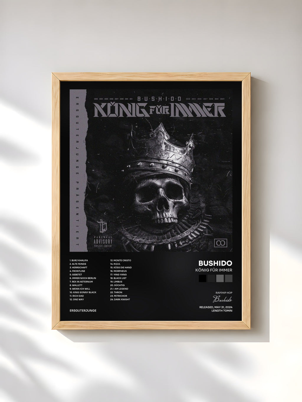#bois Tableau de l'album König für immer de Bushido, cadre en bois brut, imprimé et encadré en France