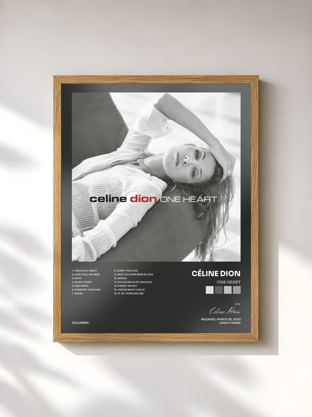 #bois Tableau de l'album One Heart de Céline Dion, cadre en bois brut, imprimé et encadré en France