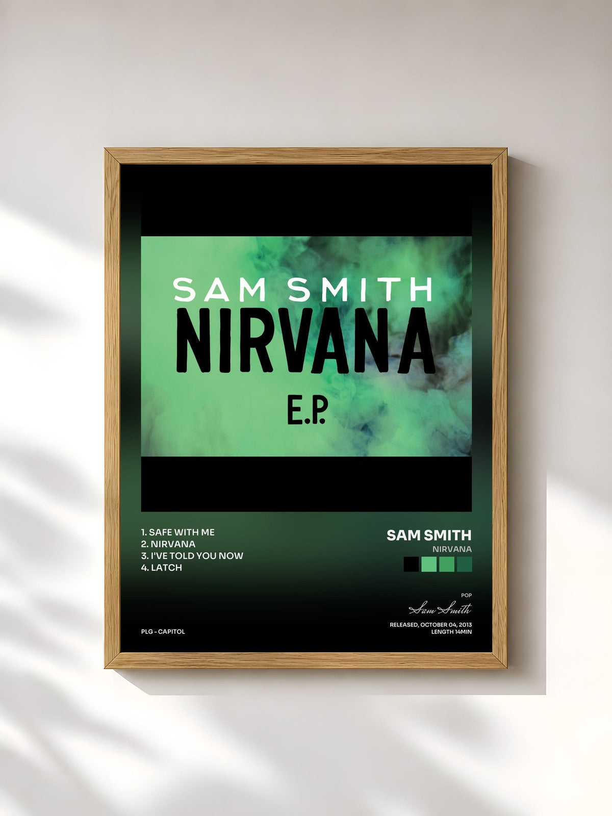 #bois Tableau de l'album Nirvana de Sam Smith, cadre en bois brut, imprimé et encadré en France