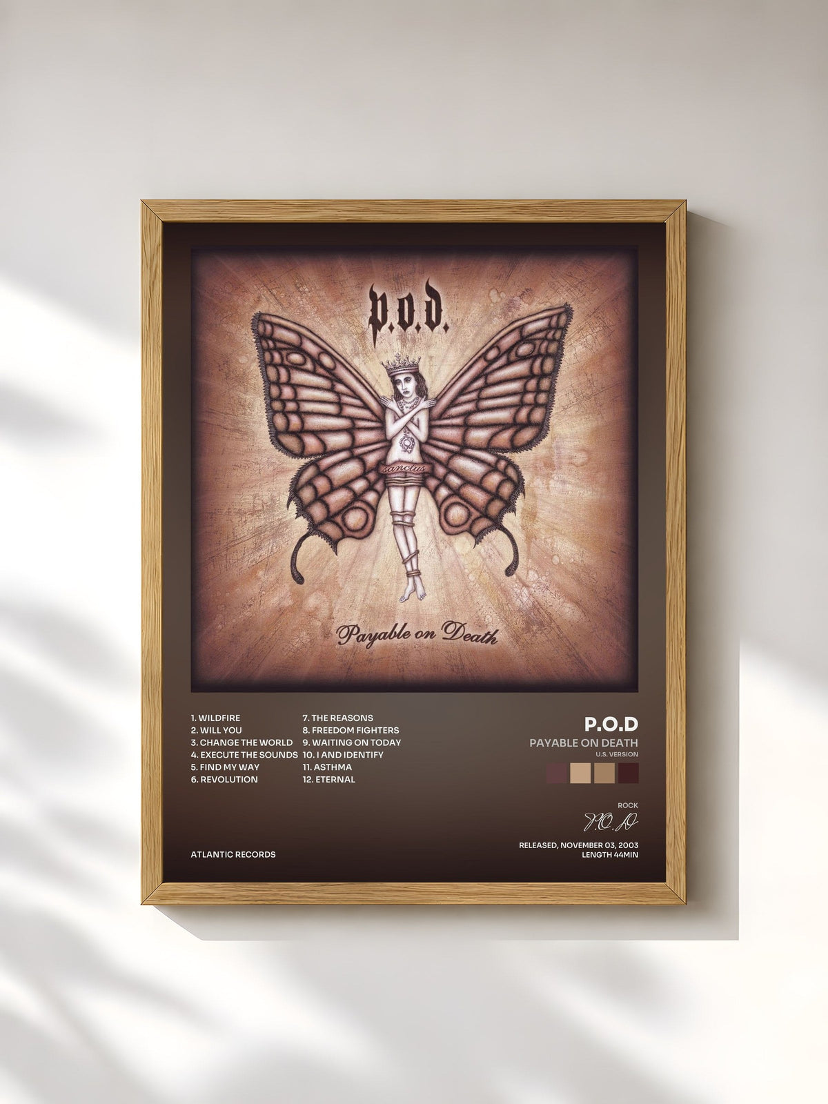 #bois Tableau de l'album Payable on Death (U.S. Version) de P.O.D, cadre en bois brut, imprimé et encadré en France